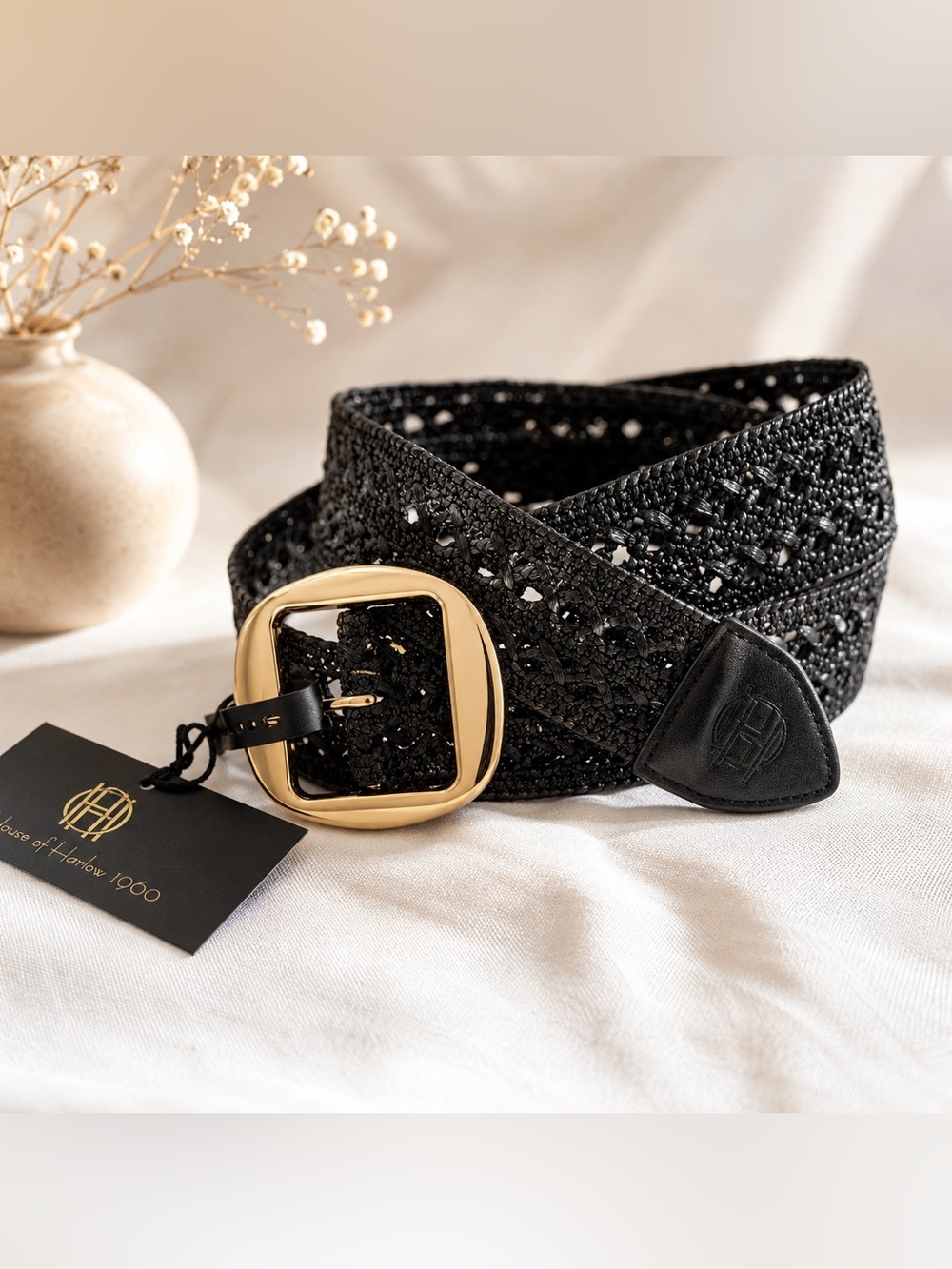 House of Harlow 1960 Women’s Black Wide Woven Waist Belt Gold Buckle Size L